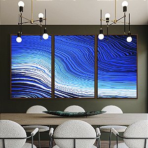 Trio de Quadros Abstrato Azul Branco Ondas Listras Moderno Canvas Com Moldura