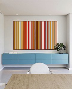 Duo de Quadros Abstrato Laranja Amarelo Branco Degradê Listras Arte em Canvas com Moldura