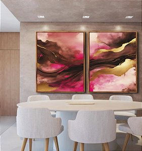 Duo de Quadros Abstrato Cores Dourado Rosa Marrom Moderno Canvas Com Moldura