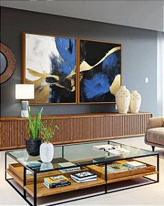 Duo de Quadros Abstrato Cores Azul Dourado Preto e Branco Arte Canvas com Moldura