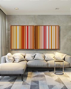 Duo de Quadros Quadrados Abstrato Laranja Amarelo Branco Degradê Listras Arte em Canvas com Moldura