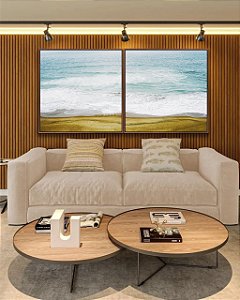 Duo de Quadros Quadrados Mar Azul e Ondas na Praia Natureza Canvas com Moldura