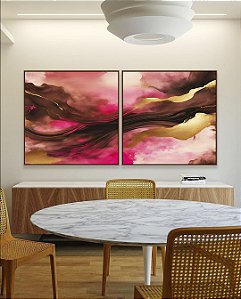 Duo de Quadros Quadrados Abstrato Cores Dourado Rosa Marrom Moderno Canvas Com Moldura