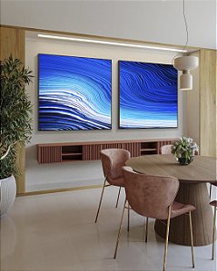 Duo de Quadros Quadrados Abstrato Azul Branco Ondas Listras Moderno Canvas Com Moldura