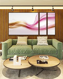 Trio de Quadros Estilizados Abstrato Rosa Dourado Arte Fluida Ondas Canvas Com Moldura
