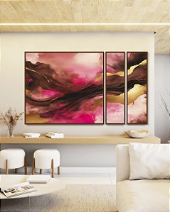 Trio de Quadros Estilizados Abstrato Cores Dourado Rosa Marrom Moderno Canvas Com Moldura