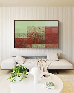 Quadro Horizontal Abstrato Verde Vermelho Telha Efeito Concreto Rústico Canvas Moldura