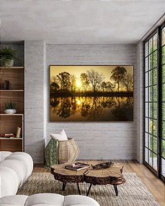 Quadro Horizontal Reflexo de Natureza Pôr do Sol no Lago Árvores Canvas Moldura