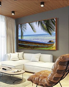 Quadro Horizontal Barco em Praia Litoral Coqueiro Natureza Canvas Moldura