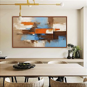Quadro Horizontal Abstrato Efeito Pintura Cores Marrom Laranja Azul Canvas Moldura
