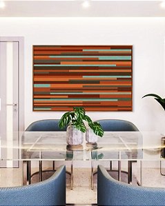Quadro Horizontal Abstrato Mosaico Listras Laranja Verde Turquesa Arte Canvas Moldura