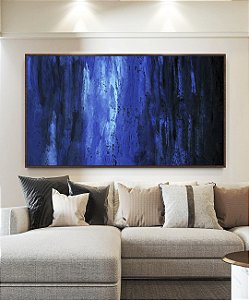 Quadro Horizontal Abstrato tons de Azul Efeito Pintura Arte Canvas Moldura