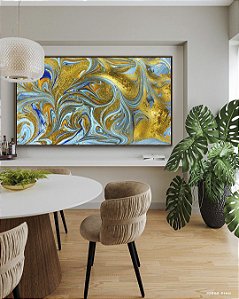 Quadro Horizontal Abstrato Turquesa Dourado Arte Fluida Canvas Moldura