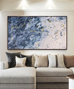 Quadro Horizontal Abstrato Azul Rosa Dourado Efeito Mármore Canvas Moldura