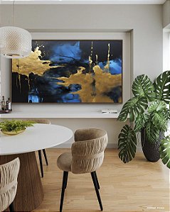 Quadro Horizontal Abstrato Azul Dourado Preto Efeito Pintura Arte Canvas Moldura