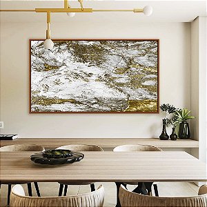 Quadro Horizontal Abstrato Efeito Mármore Dourado Bronze Cinza Arte Canvas Moldura
