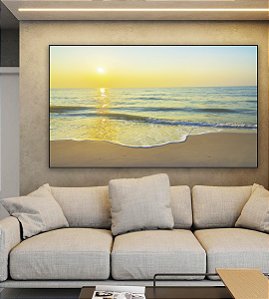 Quadro Horizontal Nascer do Sol na Praia de Mar Calmo Turquesa Arte Canvas Moldura