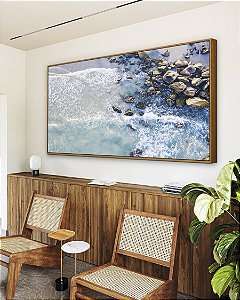 Quadro Horizontal Mar Azul e Praia com Pedras Natureza Arte Canvas Moldura