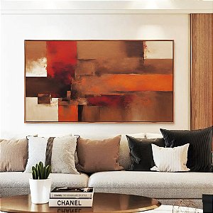 Quadro Horizontal Abstrato Vermelho Laranja Marrom com Efeito Arte Canvas Moldura