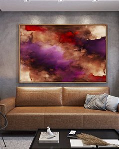 Quadro Horizontal Abstrato Roxo Vermelho Vinho com Efeito Arte Canvas Moldura