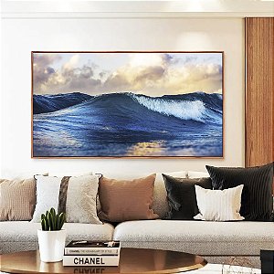 Quadro Horizontal Mar Azul Vivo Ondas Leves e Céu Claro Natureza Arte Canvas Moldura