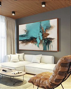 Quadro Horizontal Abstrato Turquesa Marrom Madeira Branco Arte Canvas Moldura