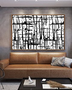Quadro Horizontal Abstrato Preto e Branco Efeito Pintura Arte Canvas Moldura
