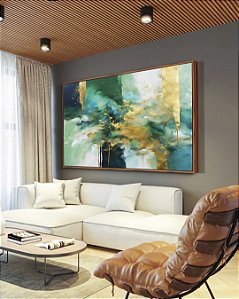 Quadro Horizontal Abstrato Em tons de Turquesa Verde e Dourado Arte Canvas Moldura