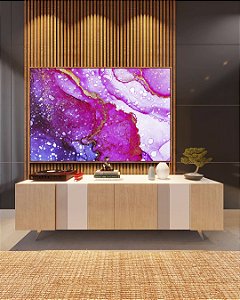 Quadro Horizontal Abstrato Rosa Lilás e Dourado Arte Fluída Canvas Moldura