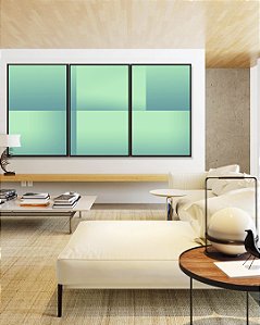 Trio de Quadros Abstrato Geométrico Degradê Turquesa Arte Canvas Com Moldura