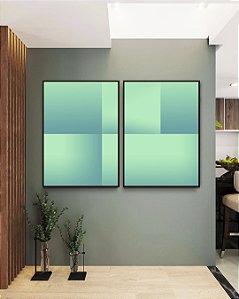 Duo de Quadros Abstrato Geométrico Degradê Turquesa Arte Canvas Com Moldura