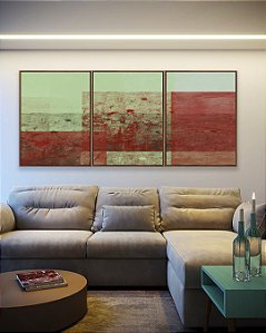Trio de Quadros Abstrato Verde Vermelho Telha Efeito Concreto Rústico Canvas Moldura