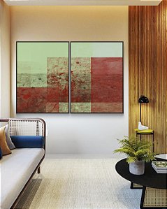 Duo de Quadros Abstrato Verde Vermelho Telha Efeito Concreto Rústico Canvas Moldura
