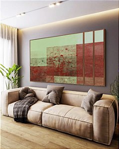 Trio de Quadros Estilizados Abstrato Verde Vermelho Telha Efeito Concreto Rústico Canvas Moldura