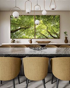 Duo de Quadros Quadrados Céu de Floresta Folhas Verdes Galhos Paisagem Natureza Canvas Moldura