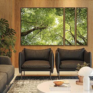 Trio de Quadros Estilizados Céu de Floresta Folhas Verdes Galhos Paisagem Natureza Canvas Moldura