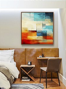 Quadro Quadrado Abstrato Mosaico Geométrico Pintura Azul Turquesa Laranja Vermelho Canvas Moldura