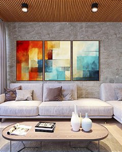Trio de Quadros Abstrato Mosaico Geométrico Pintura Azul Turquesa Laranja Vermelho Canvas Moldura