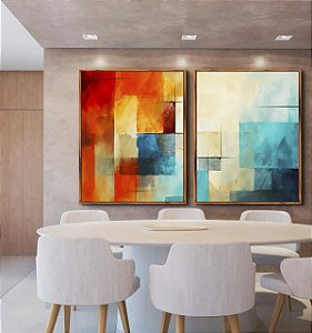 Duo de Quadros Abstrato Mosaico Geométrico Pintura Azul Turquesa Laranja Vermelho Canvas Moldura