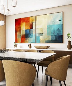 Duo de Quadros Quadrados Abstrato Mosaico Geométrico Pintura Azul Turquesa Laranja Vermelho Canvas Moldura