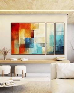 Trio de Quadros Estilizados Abstrato Mosaico Geométrico Pintura Azul Turquesa Laranja Vermelho Canvas Moldura