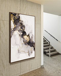 Quadro Vertical Abstrato Cinza Dourado Arte Fluida Canvas Moldura