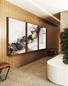 Trio de Quadros Abstrato Cinza Dourado Arte Fluida Canvas Moldura
