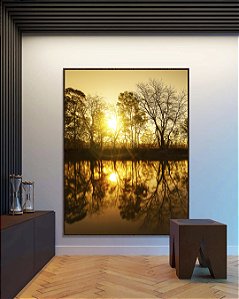 Quadro Vertical Reflexo de Natureza Pôr do Sol no Lago Árvores Canvas Moldura