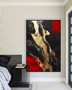 Quadro Vertical Arte Vermelho Preto Dourado Efeito Pintura Abstrato Canvas Moldura
