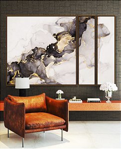 Trio de Quadros Estilizados Abstrato Cinza Dourado Arte Fluida Canvas Moldura