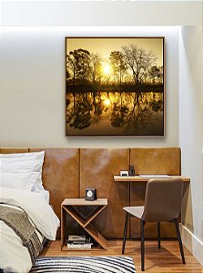 Quadro Quadrado Reflexo de Natureza Pôr do Sol no Lago Árvores Canvas Moldura