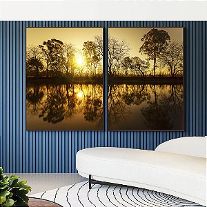 Duo de Quadros Reflexo de Natureza Pôr do Sol no Lago Árvores Canvas Moldura