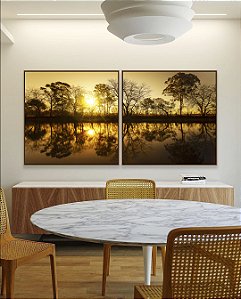 Duo de Quadros Quadrados Reflexo de Natureza Pôr do Sol no Lago Árvores Canvas Moldura