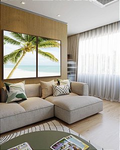 Duo de Quadros Coqueiro em Praia de Mar Azul Turquesa Natureza Canvas Moldura